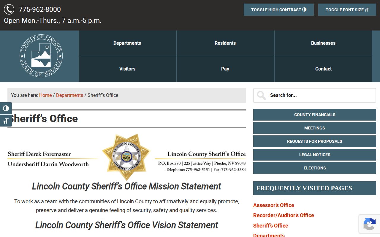 Lincoln County Sheriff Office page for Pioche law enforcement