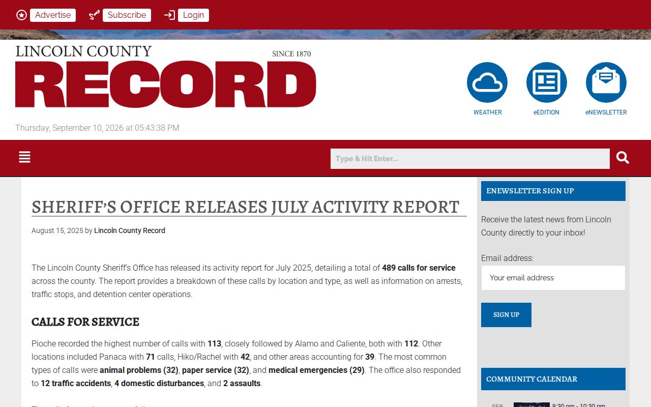 July 2025 Lincoln County sheriff activity report