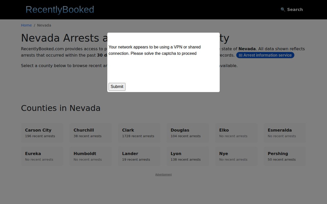 RecentlyBooked Nevada navigation without Lincoln County